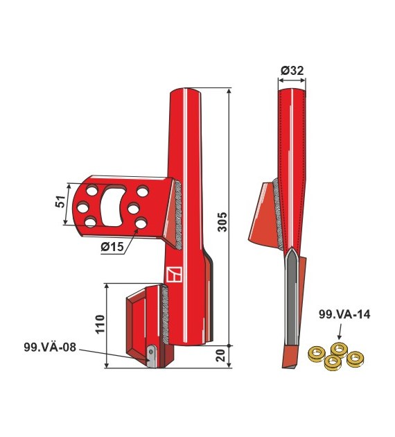 Redlica siewnika lewa, kpl. z 4 podkładkami z twor