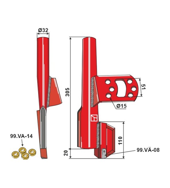 Redlica siewnika prawa, kpl. z 4 podkładkami z two