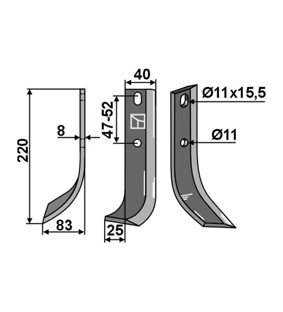 Nóż glebogryzarki 220x40mm, lewy