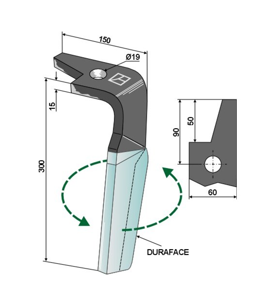 Ząb brony aktywnej (DURAFACE) 300mm, lewy